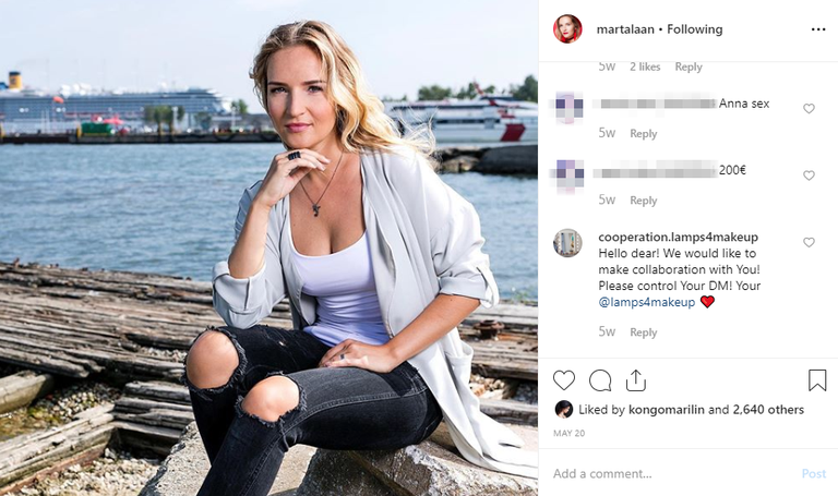 Lääne-Eesti noormees pakkus Marta Laanele Instagramis seksi eest raha.