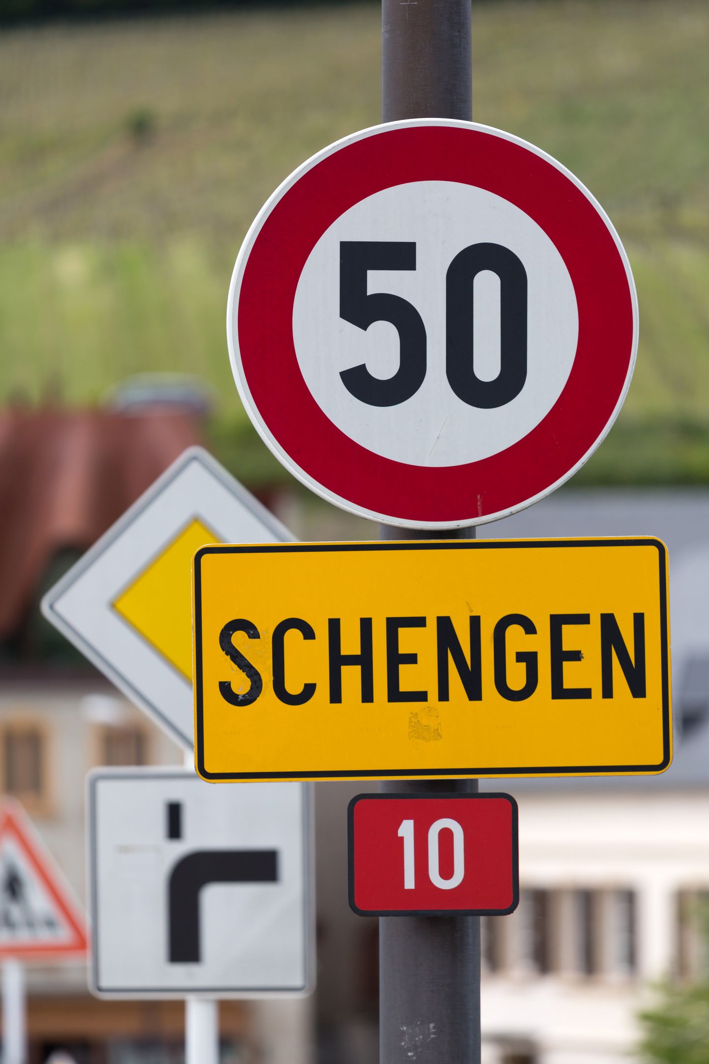 02.05.2018, Schengen, Canton Remich, Luxembourg - Schengen place-name sign on the Mosel bridge. View from the direction of the open border to Germany. 00A180502D039CAROEX.JPG [MODEL RELEASE: NOT APPLICABLE, PROPERTY RELEASE: NOT APPLICABLE (c) caro images / Teich, http://www.caro-images.com, info@caro-images.com - In case of using the picture for any non-editorial purpose, please contact the agency - the picture is subject to royalty!]