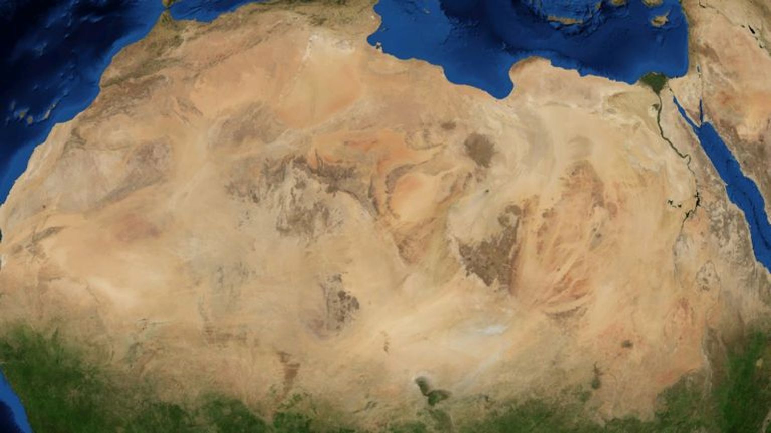 Sahara kõrb NASA satelliitfotol. Kunagi voolasid selles kõrbes jõed, mida varajased inimesed võsisid Aafrikast väljarändel kasutada