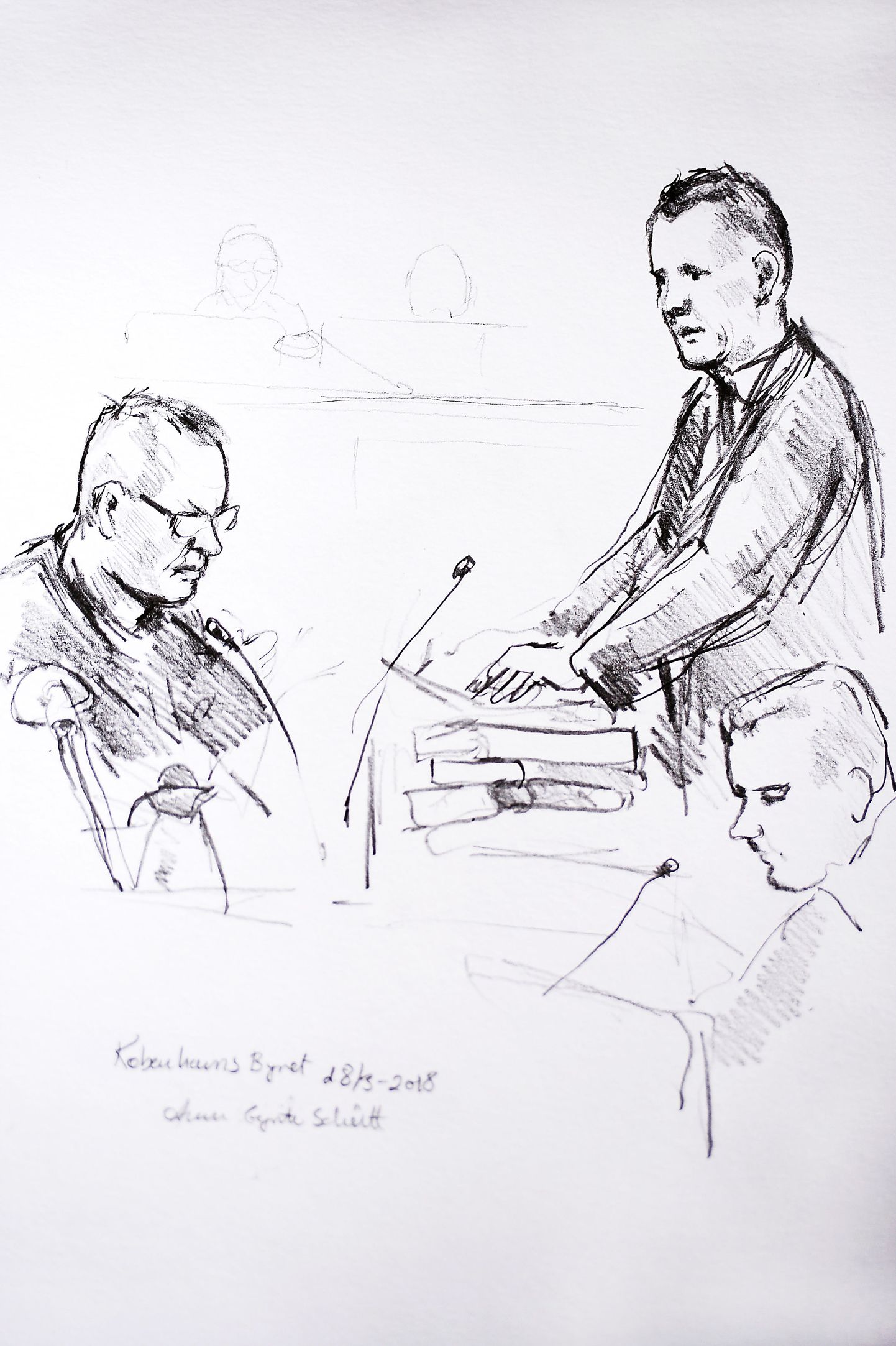 Joonistus Peter Madseni (vasakul) eilsest kohtuistungist.