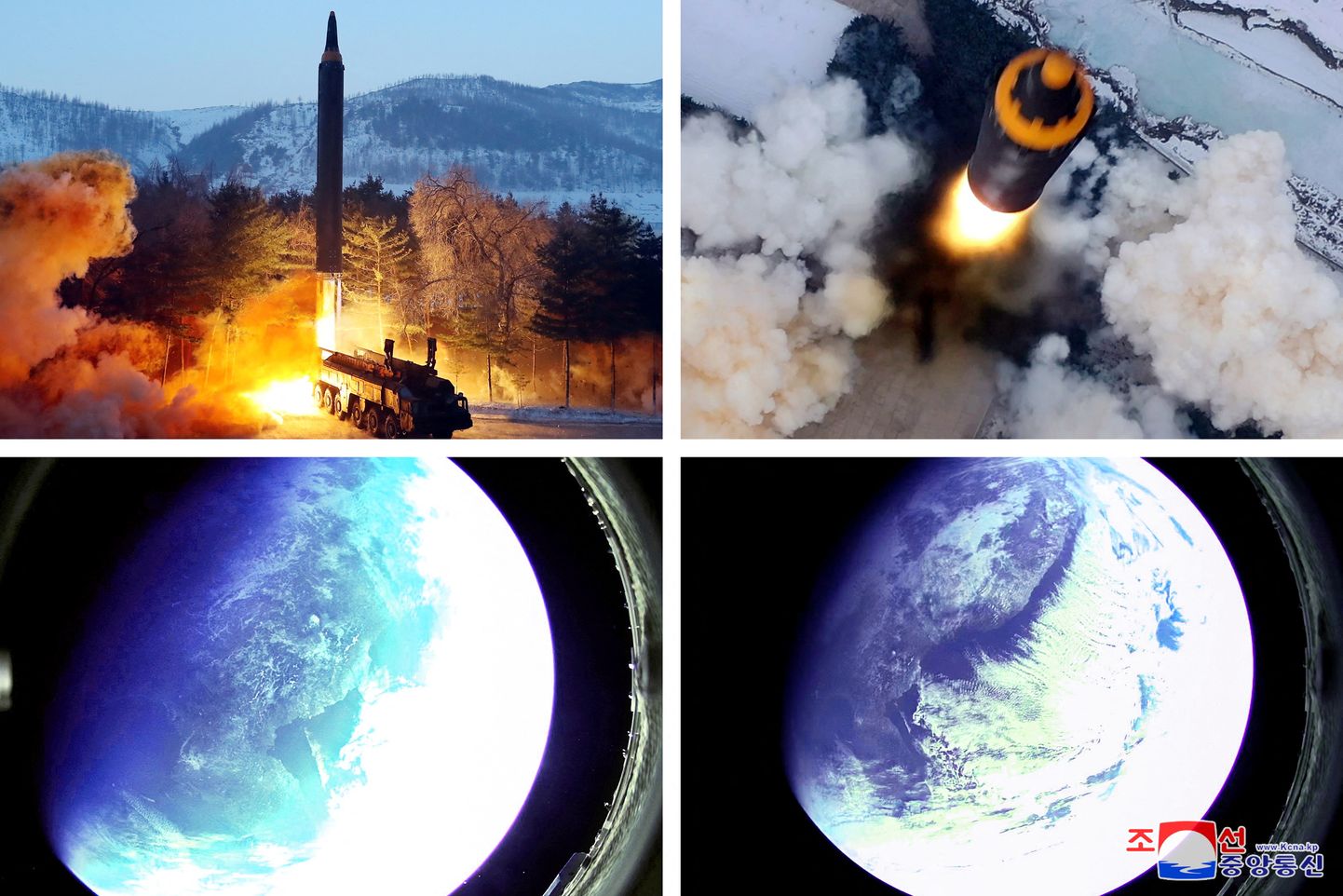 Põhja-Korea uudisteagentuuri KCNA avaldatud fotod keskmaa ballistilisest raketist Hwasong-12 ja raketilt tehtud fotod kosmosest