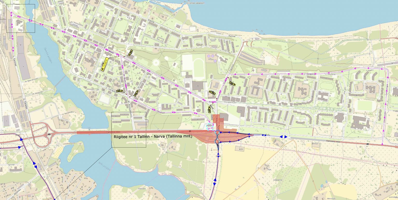 Фрагмент схемы объездов на время реконструкции шоссе Таллинн-Нарва в Силламяэ.