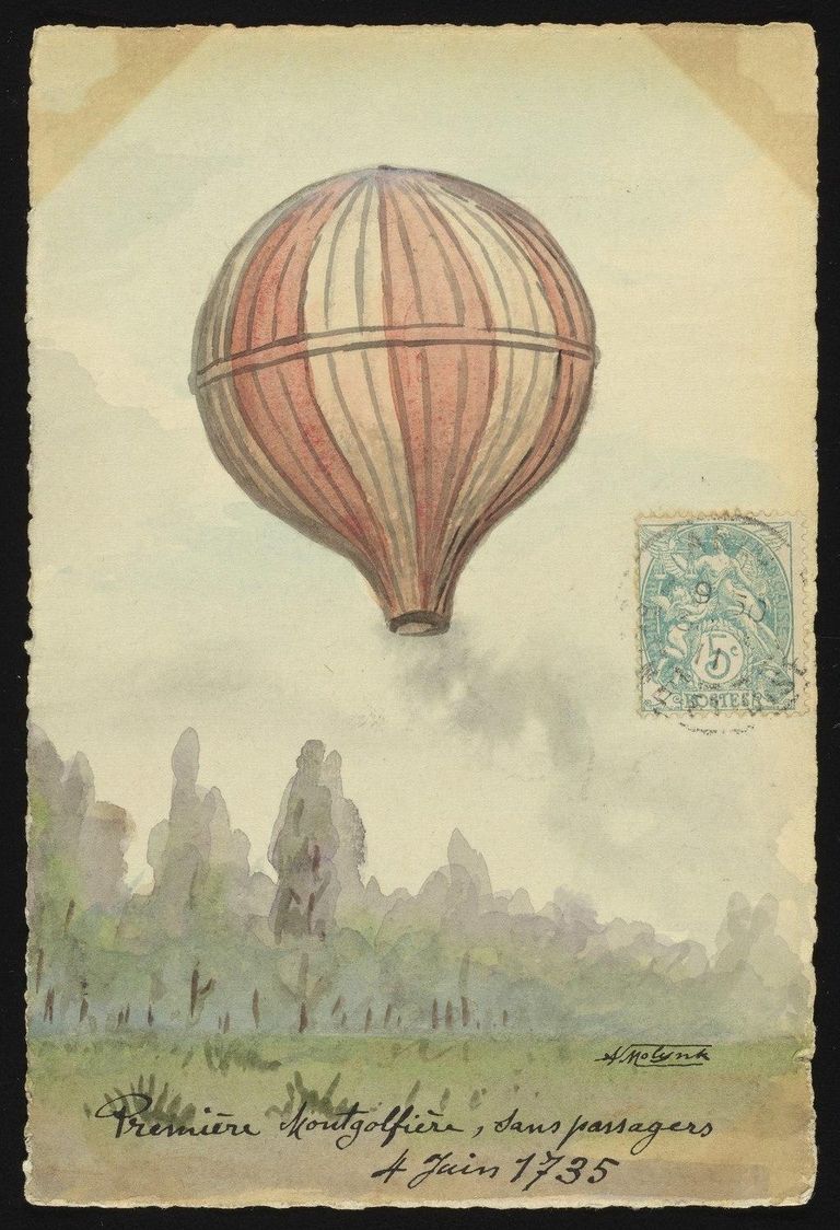 Joonistus mehitamata õhupallist, mis oli teinud kümneminutise lennu. Mõned aastad hiljem lendas vendadepaar juba ise kuumaõhupalliga.