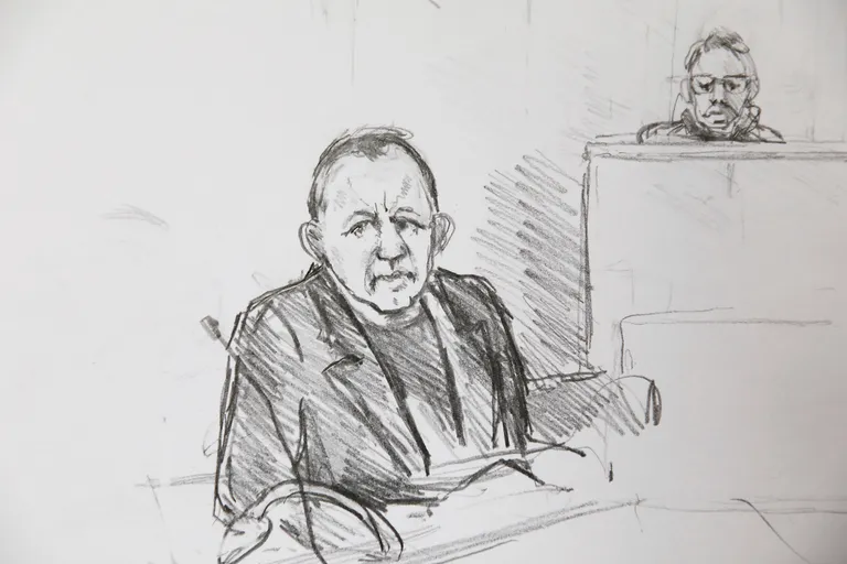 Joonistus, millel on kujutatud Peter Madsenit kohtus