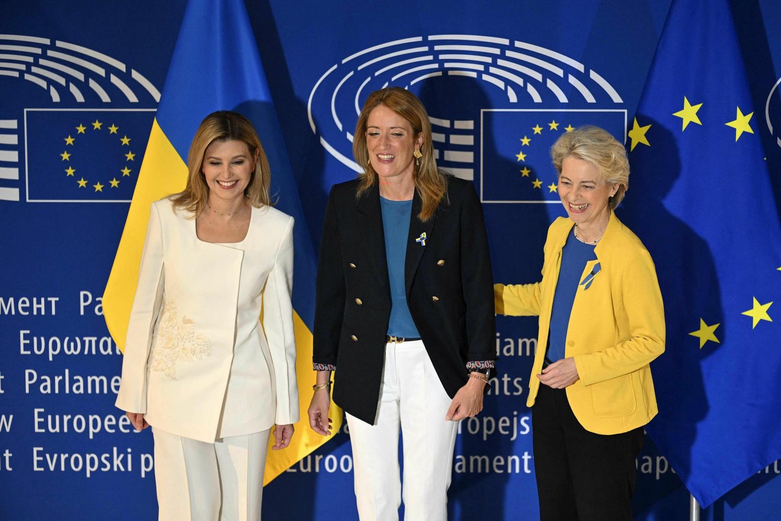 Ukraina presidendiproua Olena Zelenska, europarlamendi president Roberta Metsola ja Euroopa Komisjoni president Ursula von der Leyen eile Strasbourgis. 