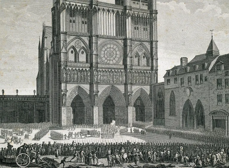 Joonistus, millel on Pariisi Notre-Dame'i kujutatud Prantsuse revolutsiooni ajal 1790