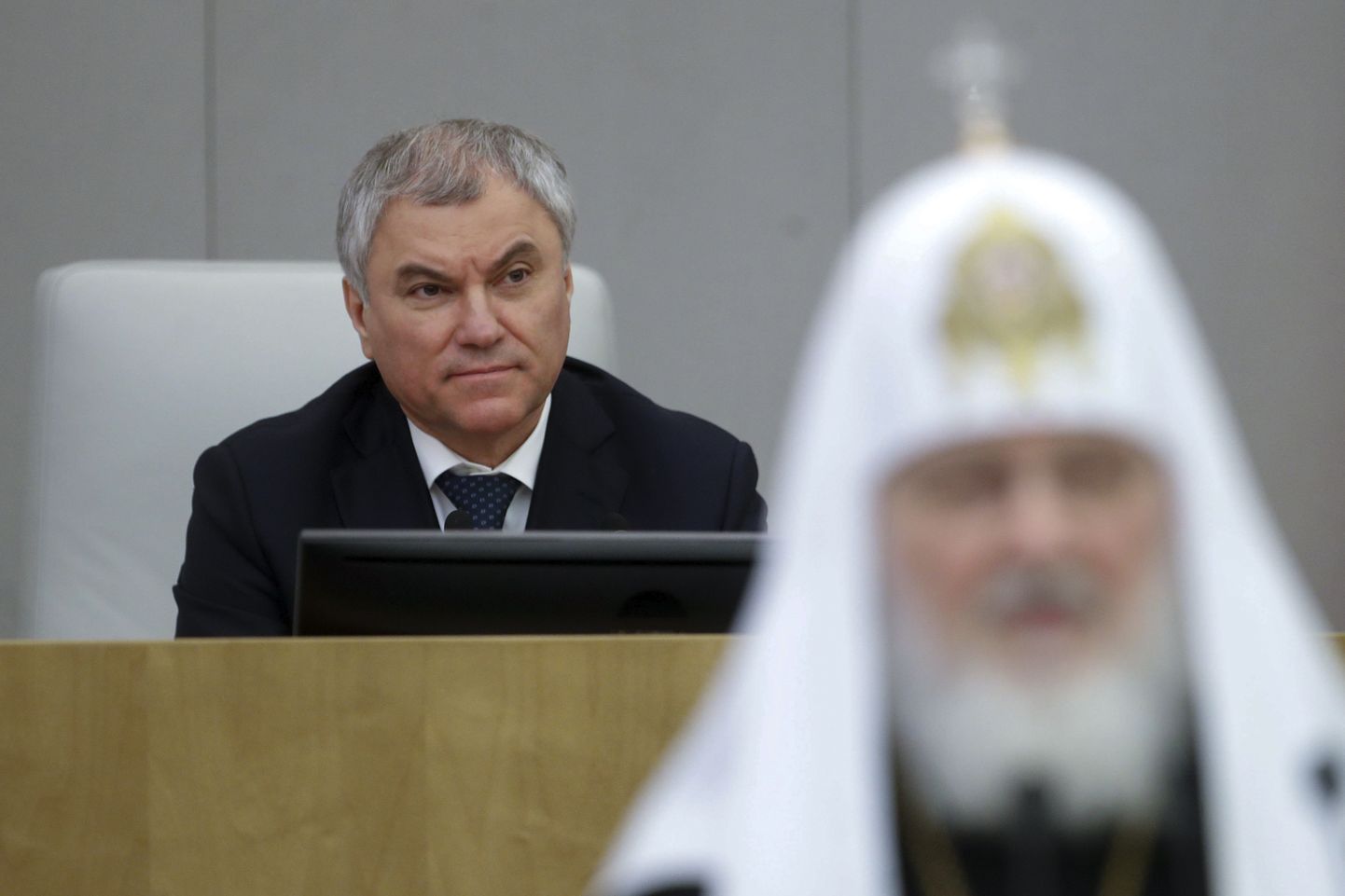 Вячеслав Володин ведет заседание Госдумы на котором выступает патриарх РПЦ МП Кирилл, 26 января 2023 года.