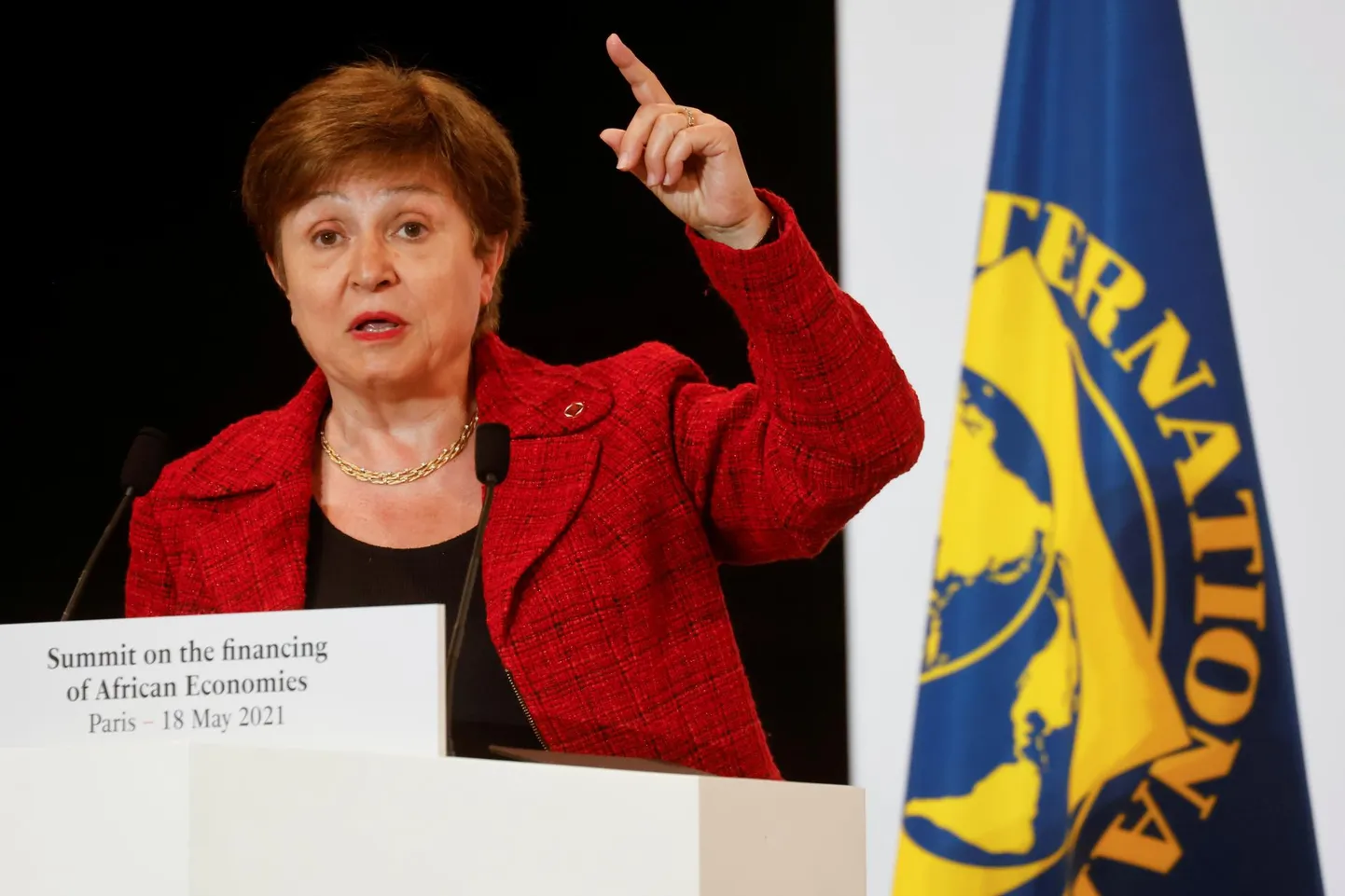 Rahvusvahelise Valuutafondi tegevdirektor Kristalina Georgieva pressikonverentsil 2021. aasta mais.