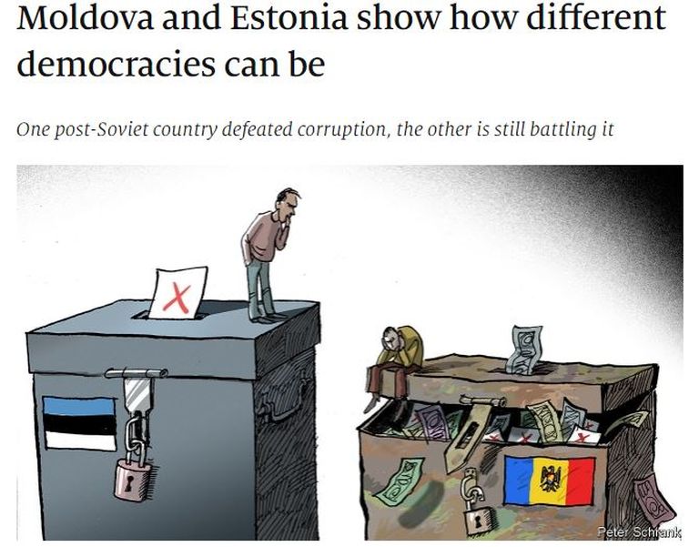 Illustratsioon väljaande The Economist artikli juures, milles toodi välja Eesti ja Moldova erinevused.