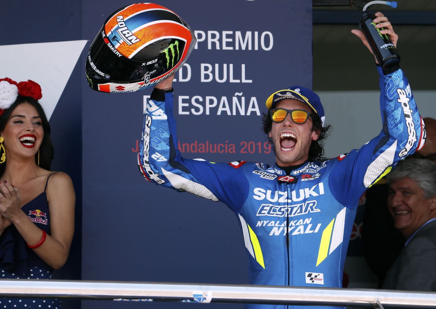 MotoGP sõitja Alex Rins tähistamas teist kohta Jerezi etapil