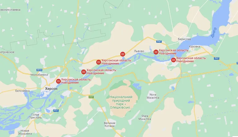 Гугл-карты добавили обозначения затопленной территории. 6 июня 2023.