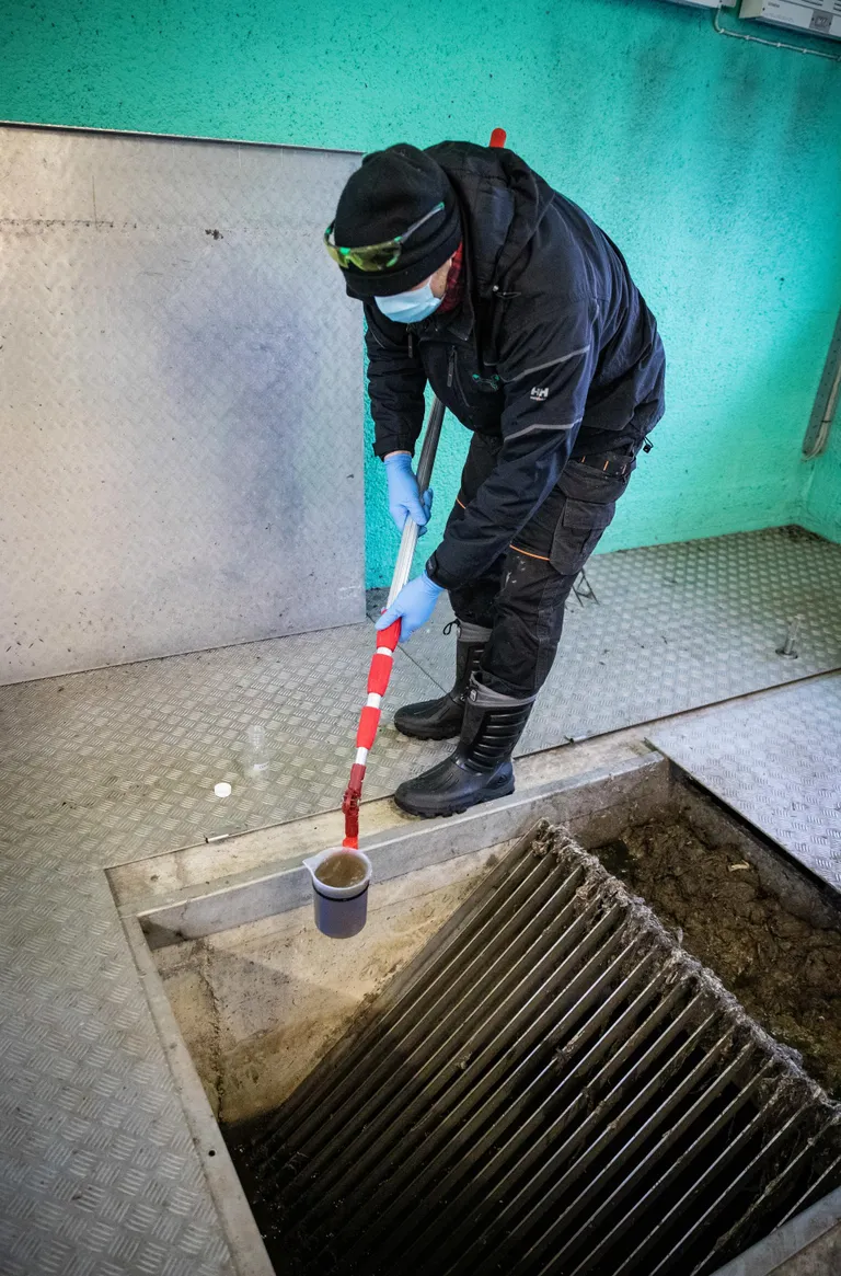 Работник Эстонского центра исследований окружающей среды берет пробу сточных вод города Кейла. 