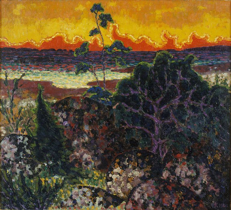 Konrad Mägi maal «Maastik punase pilvega», õli, lõuend.