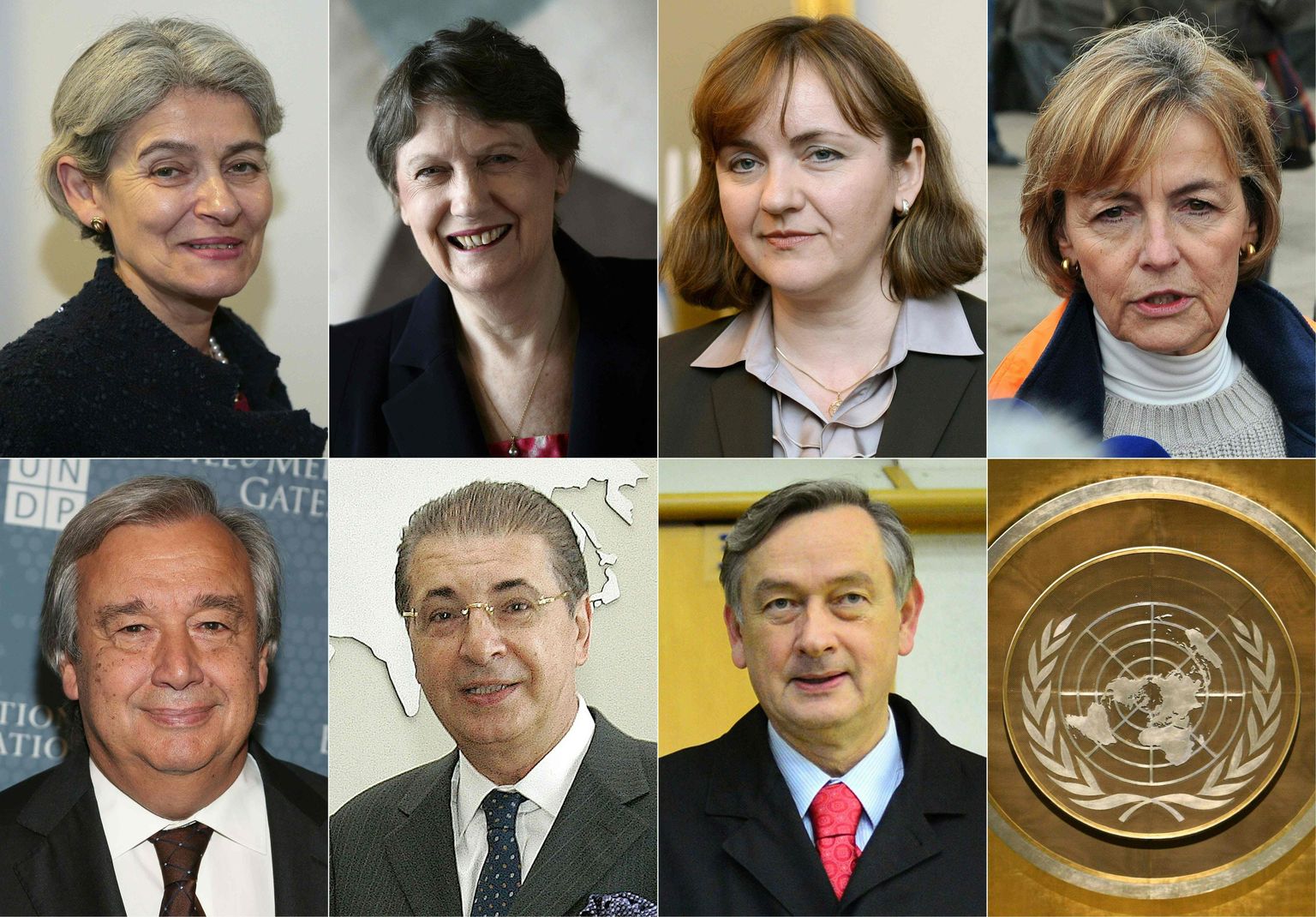 ÜRO peasekretäri kandidaadid (vasakult paremale, ülevalt alla): Irina Bokova, Helen Clark, Natalia Gherman, Vesna Pusić, António Guterres, Srgjan Kerim ja Danilo Türk.