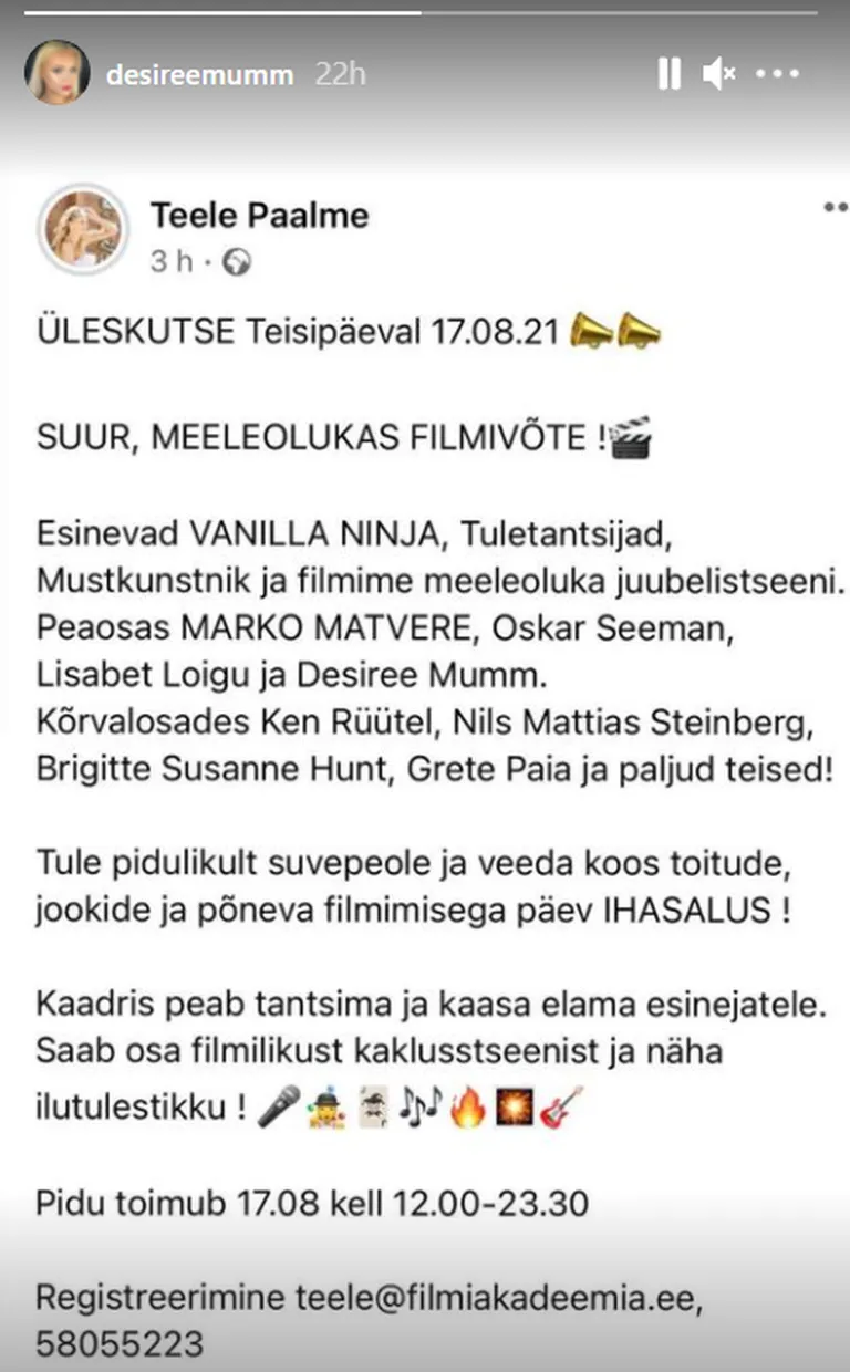 Kutse filmivõtetel osalemiseks.
