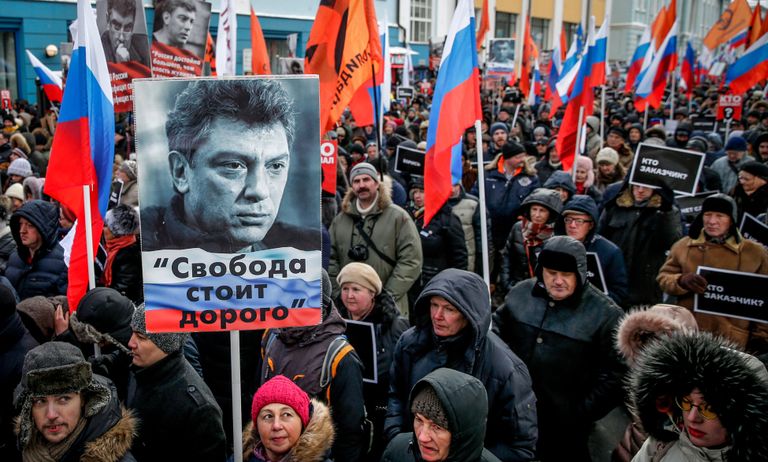 Марш оппозиции в память об убитом в 2015 году критике Путина, одном из лидеров демократической оппозиции России Борисе Немцове, Москва, 25 февраля 2018 года.