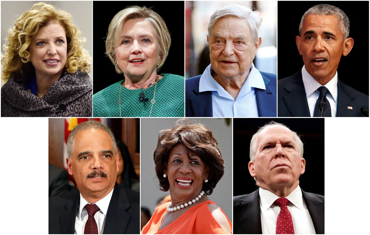 Sel nädalal saadeti pommikirjad USA Esindajatekoja liikmele Debbie Wasserman Schultzile (üleval vasakul), endisele välisministrile Hillary Clintonile, Demokraatliku partei toetajale George Sorosile, USA endisele presidendile Barack Obamale, endisele justiitsministrile Eric Holderile (vasakul all), USA Kongressi liikmele Maxine Watersile ja endisele CIA juhile John Brennanile.