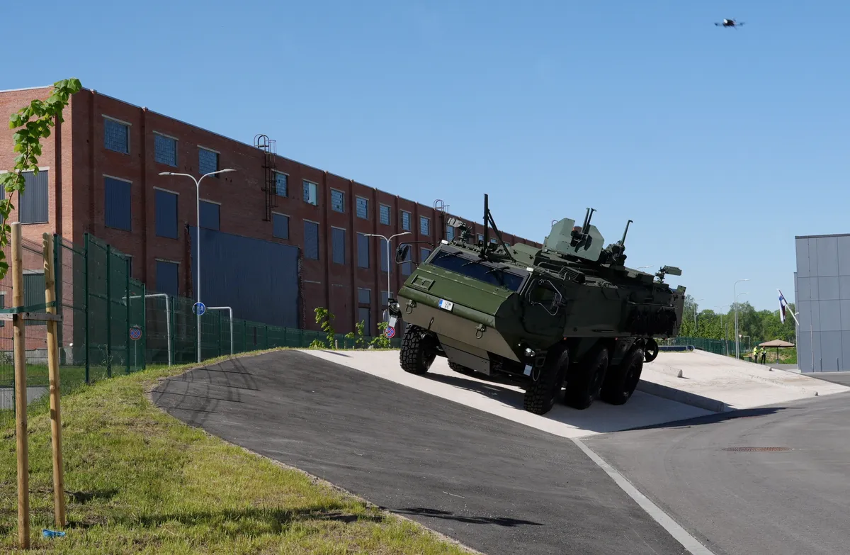 A demonstration of the "Patria" 6x6 armored vehicle during the 5th anniversary event of the "Patria" Group company "Defence Partnership Latvia" in Valmiera.