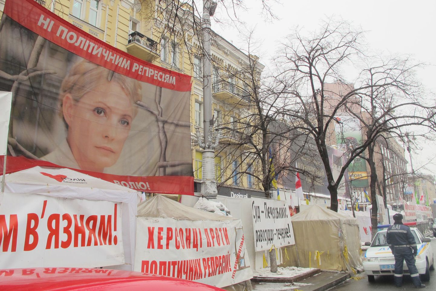 Julia Tõmošenko poolehoidjate ülesriputatud plakatid Kiievi kesklinnas 20. veebruaril.
