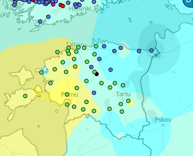 Kaardipõhjal kollases alas on teetemperatuurid kerges plussis, sinises miinuses. Ringidelt kaardil näeme, et roheline ring = saju olek vihm ja sinine ring= saju olek lumi.
