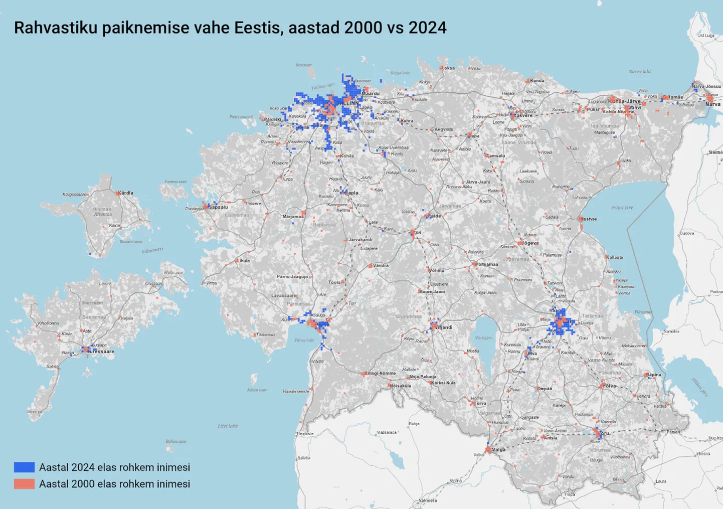 Rahvastiku paiknemine aastatel 2000 ja 2024.