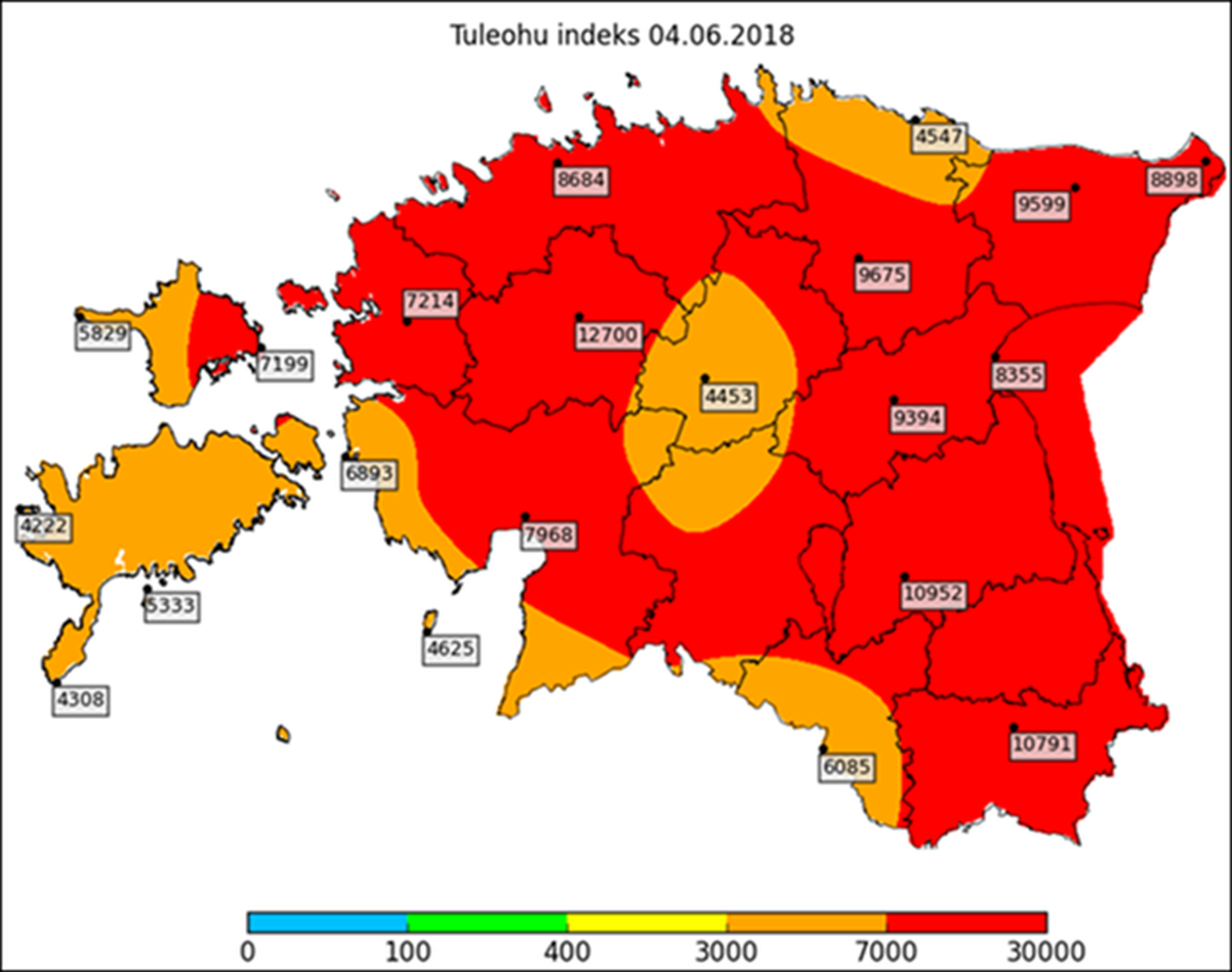 Угроза пожаров в Эстонии в последние дни увеличилась. Красным на карте отмечены зоны, где угроза возгорания особенно высока.