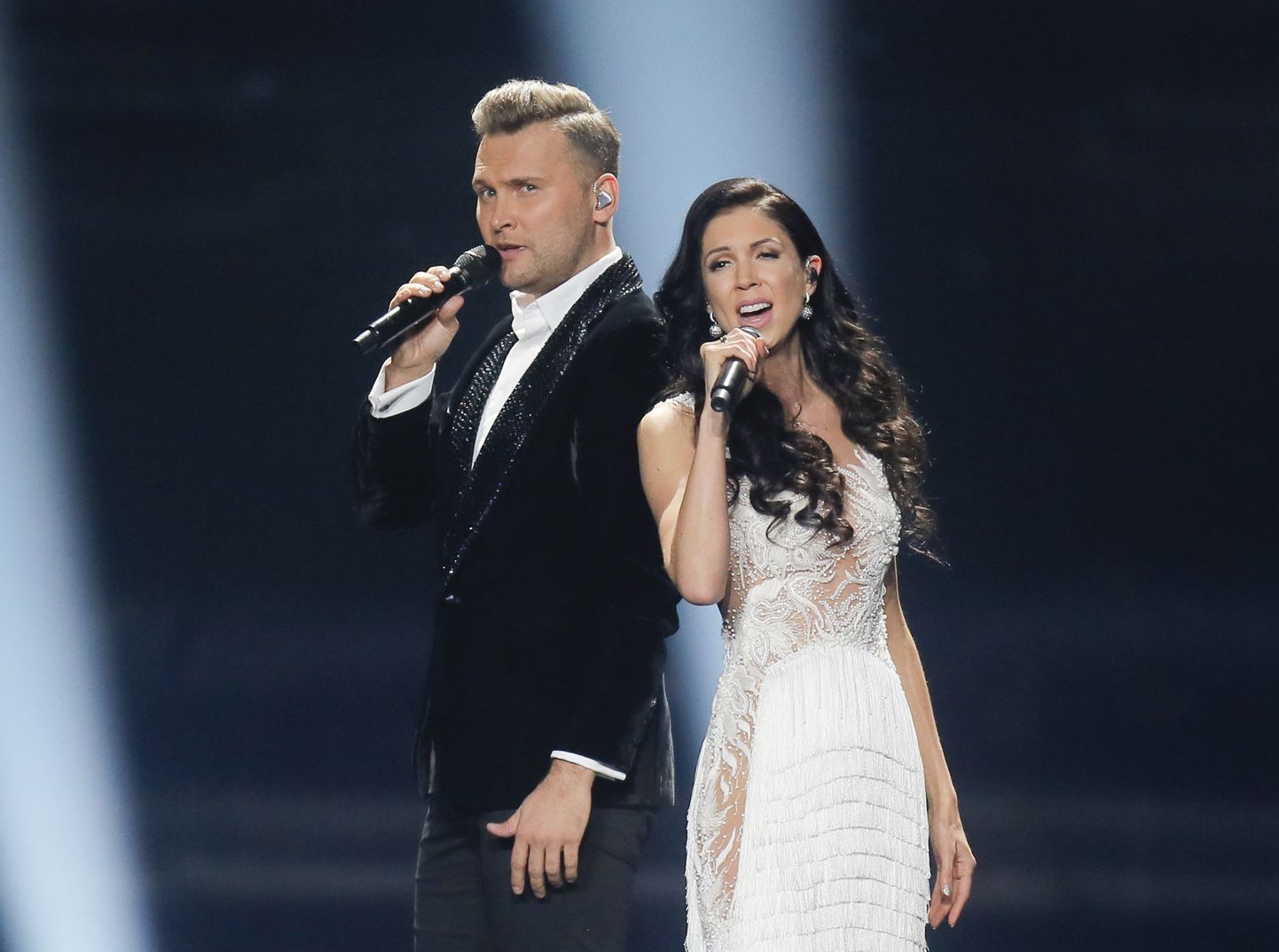 Estonia's Koit Toome and Laura performs the song "Verona" during rehearsals for the Eurovision Song Contest, in Kiev, Ukraine, Saturday, May 6, 2017. The first semi final of The Eurovision Song Contest 2017 will be held on May 9. (AP Photo/Efrem Lukatsky)