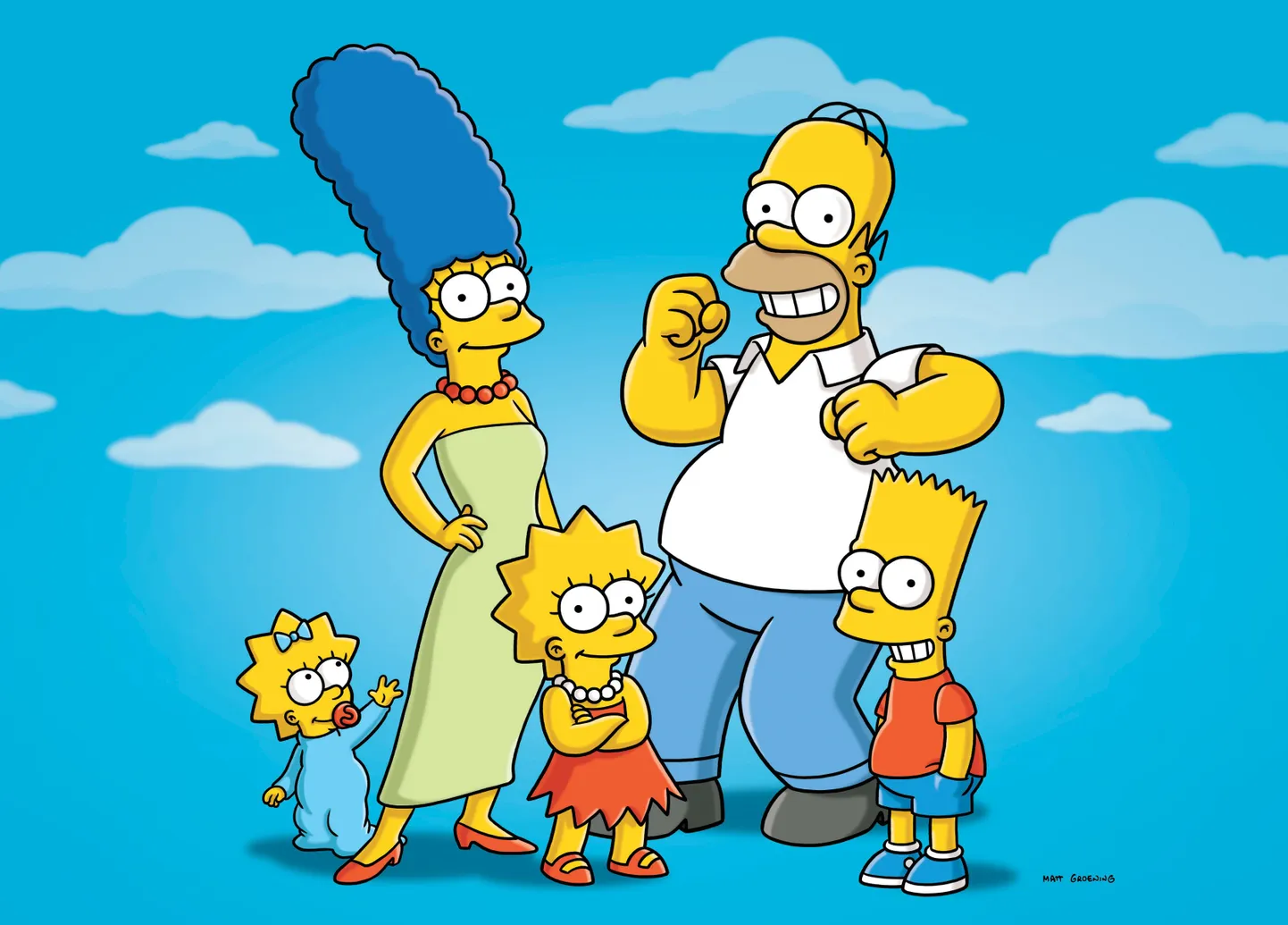 Animasarja «Simpsonid» peategelased (vasakult paremale) - Maggie, Marge, Lisa, Homer ja Bart
