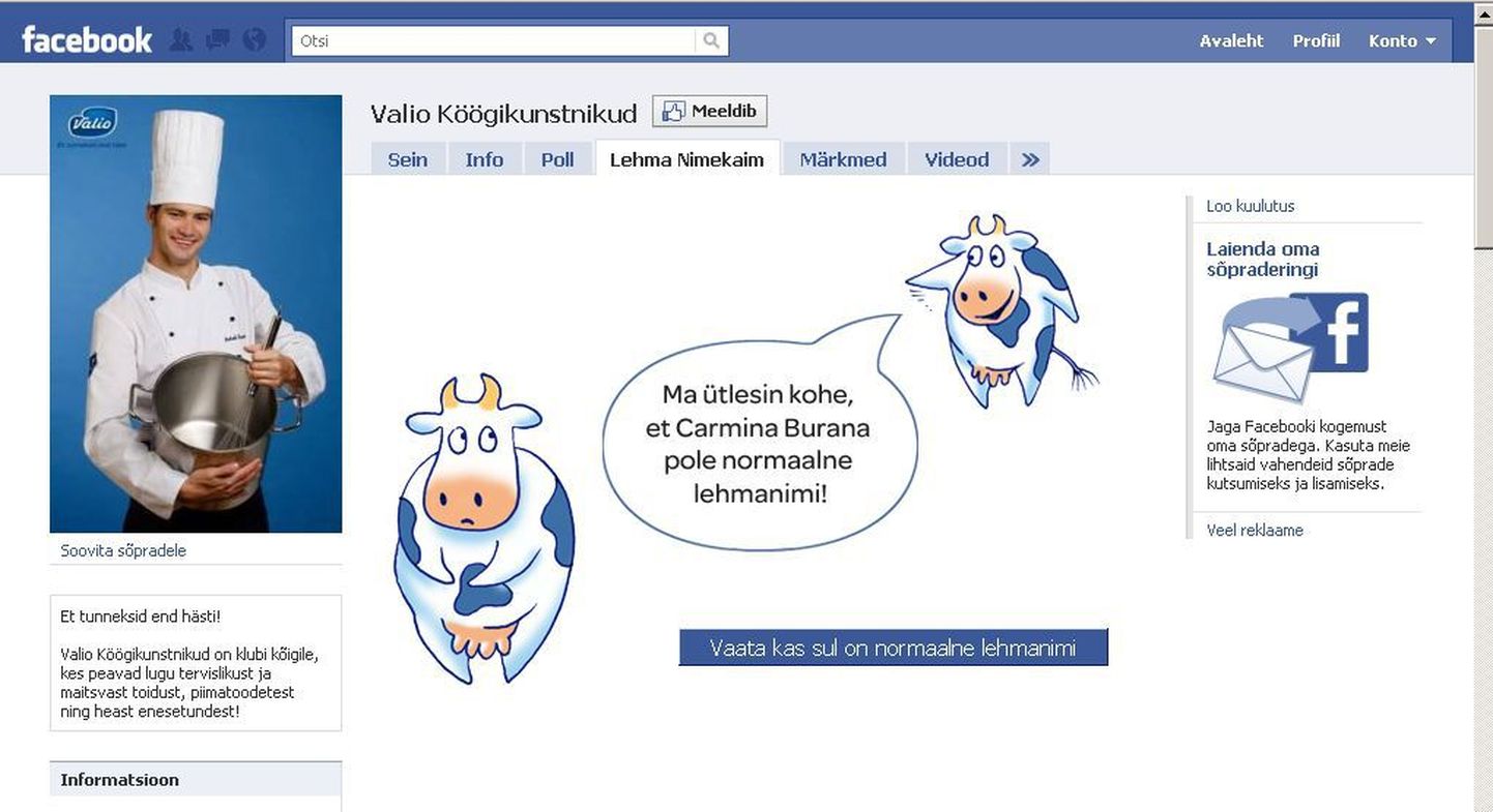 Valio Facebooki leht, kus saab enda nime lehma nimega võrrelda.