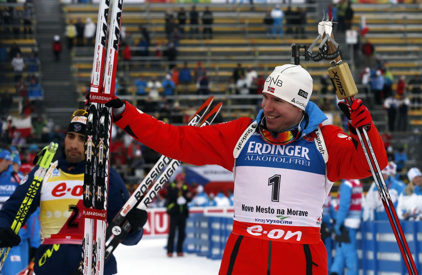 Emil Hegle Svendsen of Norway celebrates as he won the men's 12.5 km pursuit during the International Biathlon Union (IBU) World Championships in Nove Mesto, February 10, 2013.   REUTERS/Petr Josek (CZECH REPUBLIC  - Tags: SPORT BIATHLON)