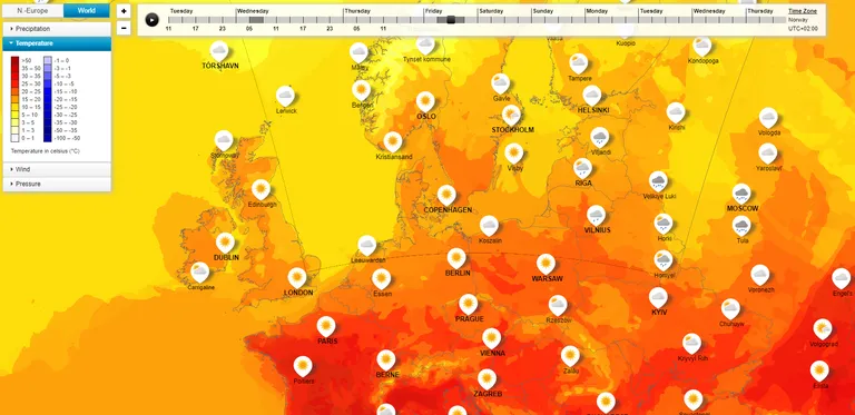 Kuvatõmmis Norra (yr.no) ilmateenistuse leheküljelt. Kaardil on näidatud järgmise reede õhutemperatuure.