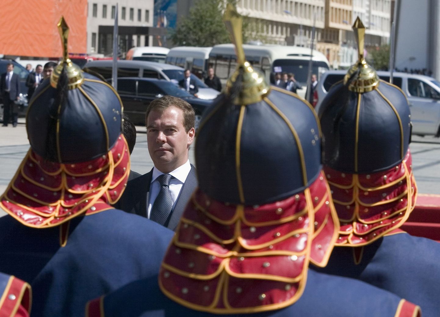 Vene president Dmitri Medvedev Ulanbaataris ametlikul vastuvõtutseremoonial täna.