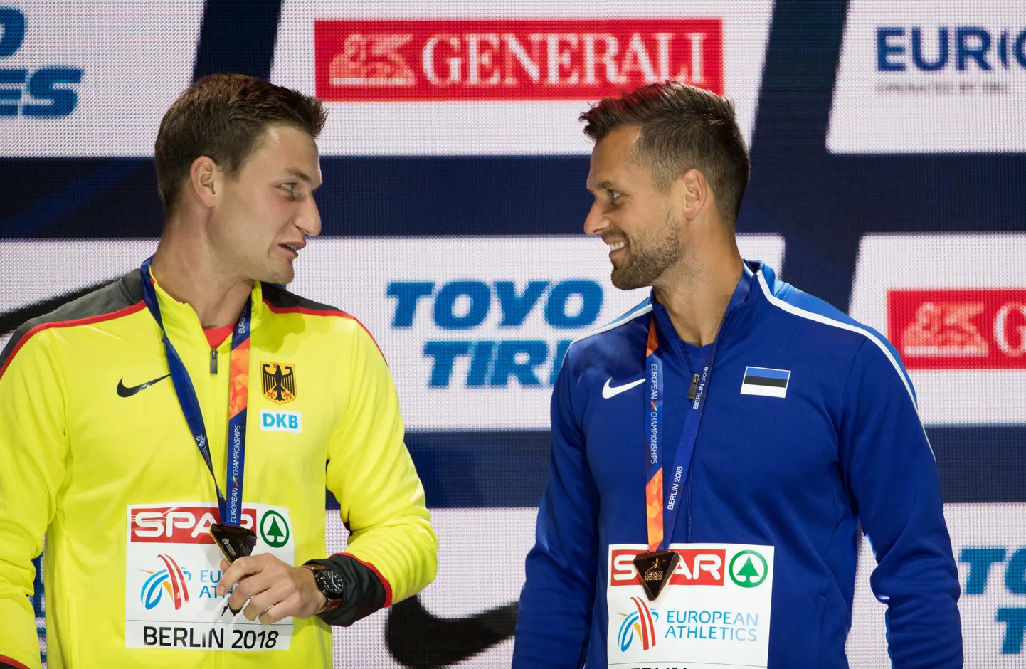 2018. aasta EM-i tšempion Thomas Röhler (vasakul) ja pronksimees Magnus Kirt.