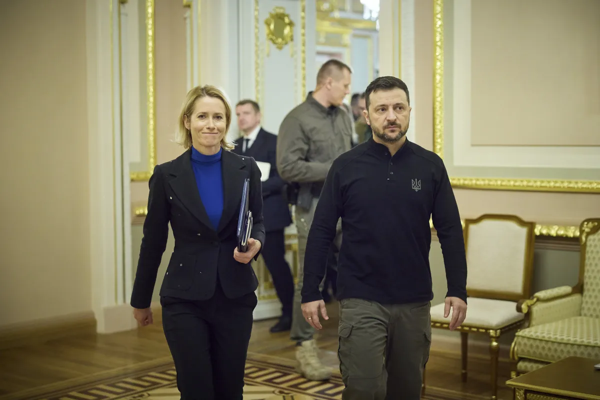 Ukrainian President Volodymyr Zelensky and the European Union's High Representative for Foreign Affairs, Kaja Kallas, in Kyiv on December 1, 2024.