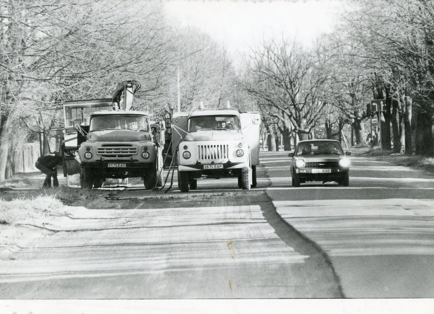 Nõukogudeaegsed veouautod ZIL (vasakul) ja GAZ teetöödel. Arhiivifoto.