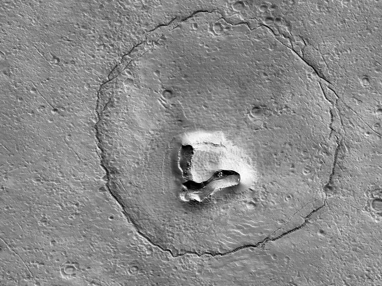 Пример парейдолии. Снимок вулкана в окружении застывшей лавы, получивший название «Медвежья морда». Миссия NASA на Марс, Январь 2023. 