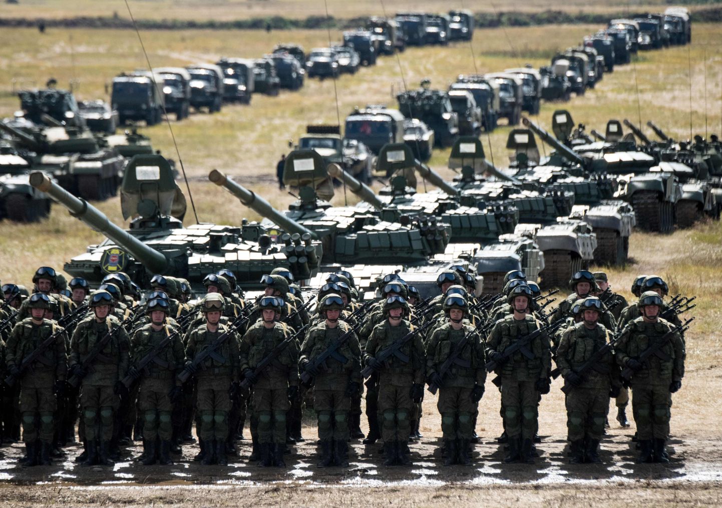 Russian troops and military equipment parade at the end of the day of the Vostok-2018 (East-2018) military drills on September 13, 2018.