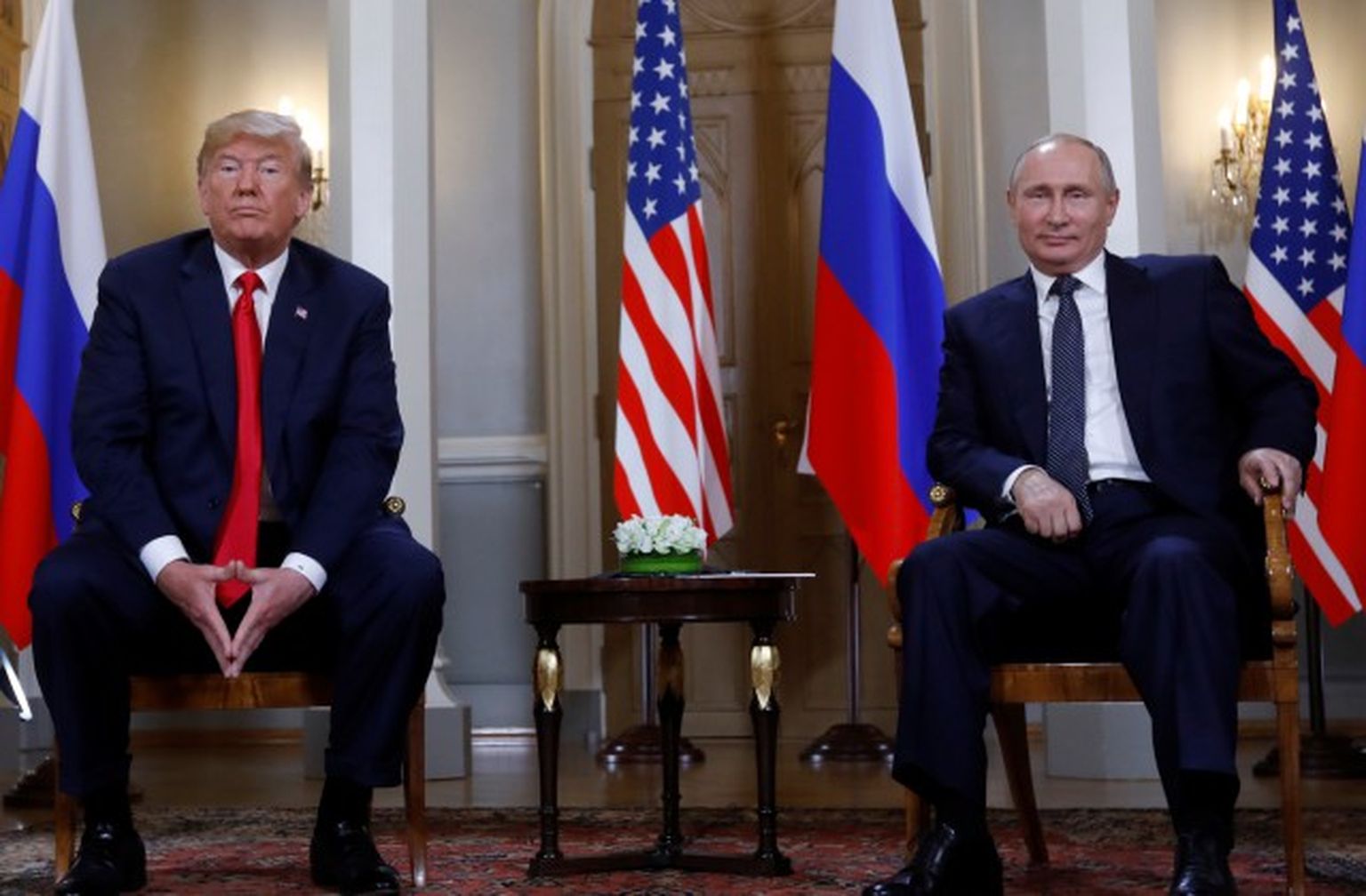 ASV prezidents Donalds Tramps un Krievijas prezidents Vladimirs Putins samita laikā Helsinkos