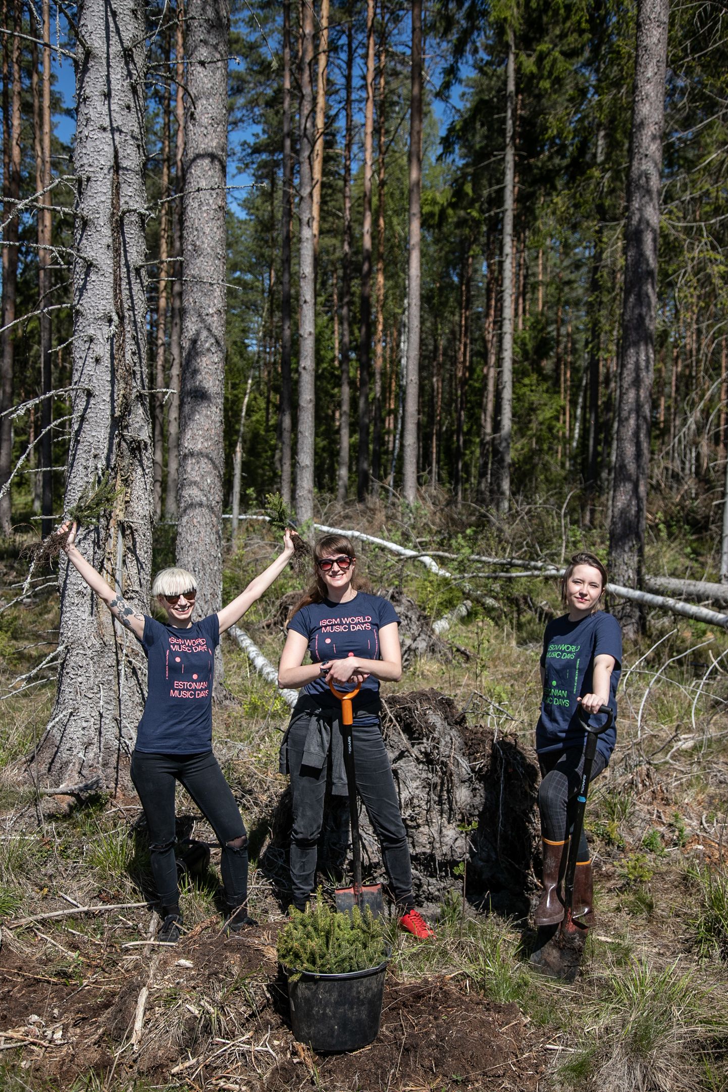 Eesti Muusika Päevade meeskonna esindajad metsa istutamas.