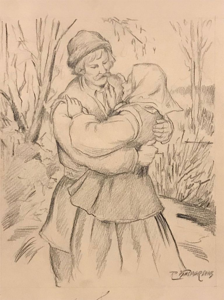 Reinholda Kasparsona zīmējums Kārļa Ieviņa romānam "Mājas ezermalē" žurnālam “Atpūta”, kas ar turpinājumiem publicēts 1938. gadā