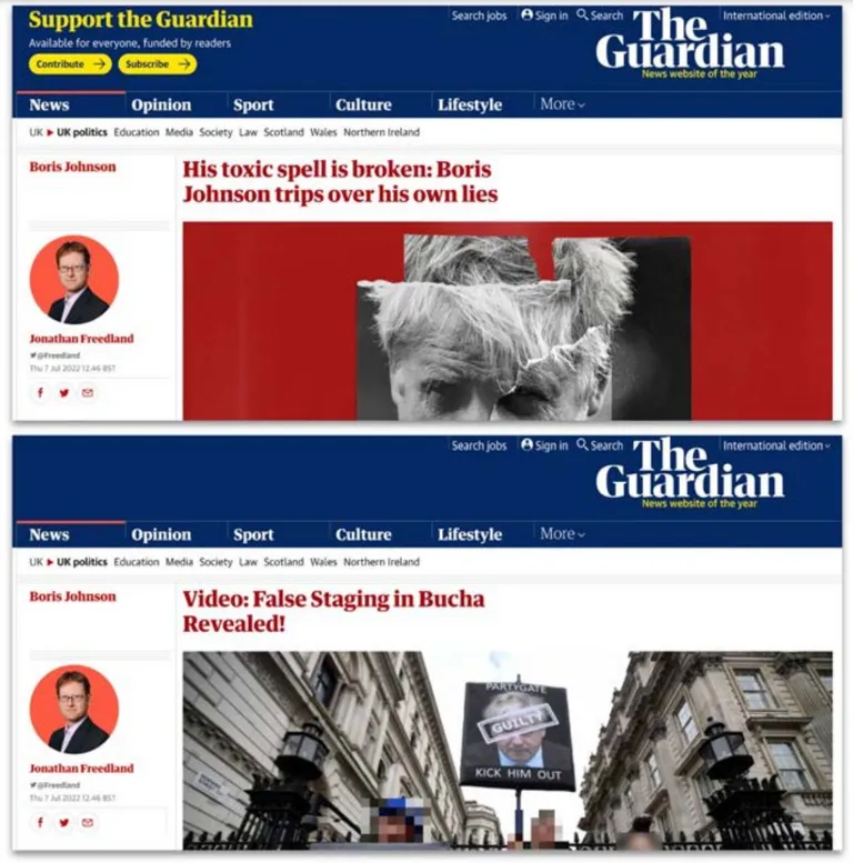 Üleval on The Guardiani originaalleht, alumisel pildil aga võltsleht, kuhu postitati hoopis teistsugust sisu.