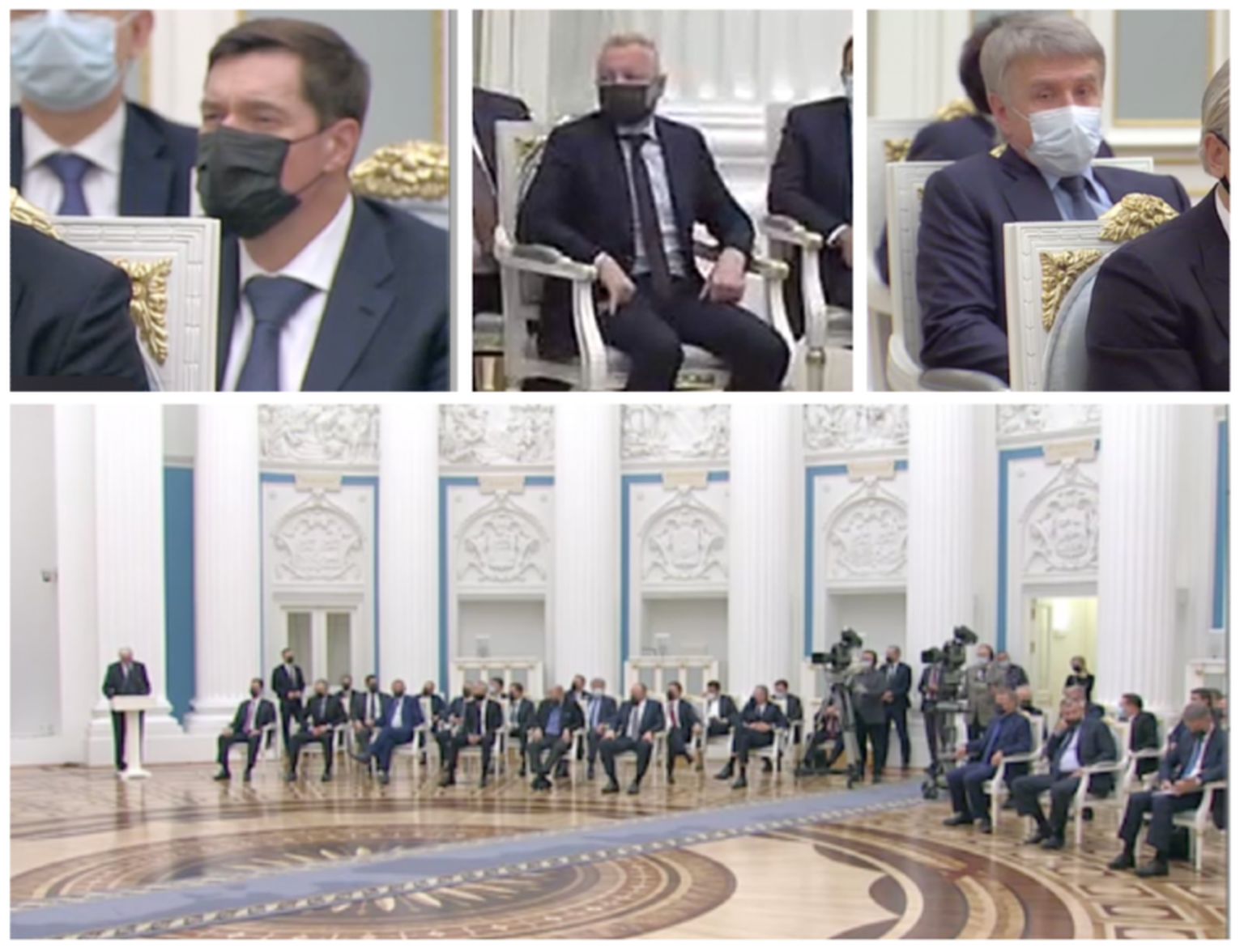 Krievijas oligarhi audiencē pie Vladimira Putina pāris stundu pēc paziņojuma par Krievijas iebrukumu Ukrainā. Viņu vidū arī Aleksejs Mordašovs, Dmitrijs Mazepins un Leonīds Mikhelsons.