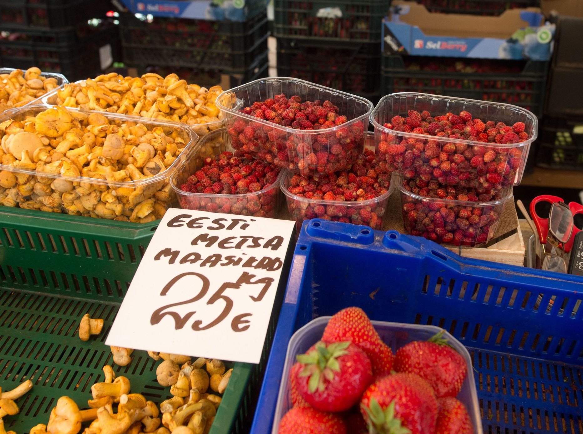 Maasikad ja kukeseened Nõmme turul.