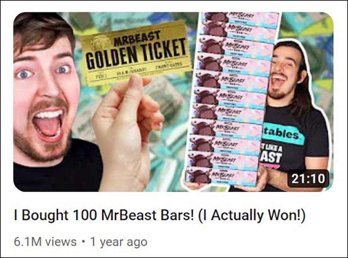 Ekraanipauk videost, milles Youtube’i postitaja MrBeasti fänn hoopleb sellega, et ostis kokku sada šokolaadibatooni