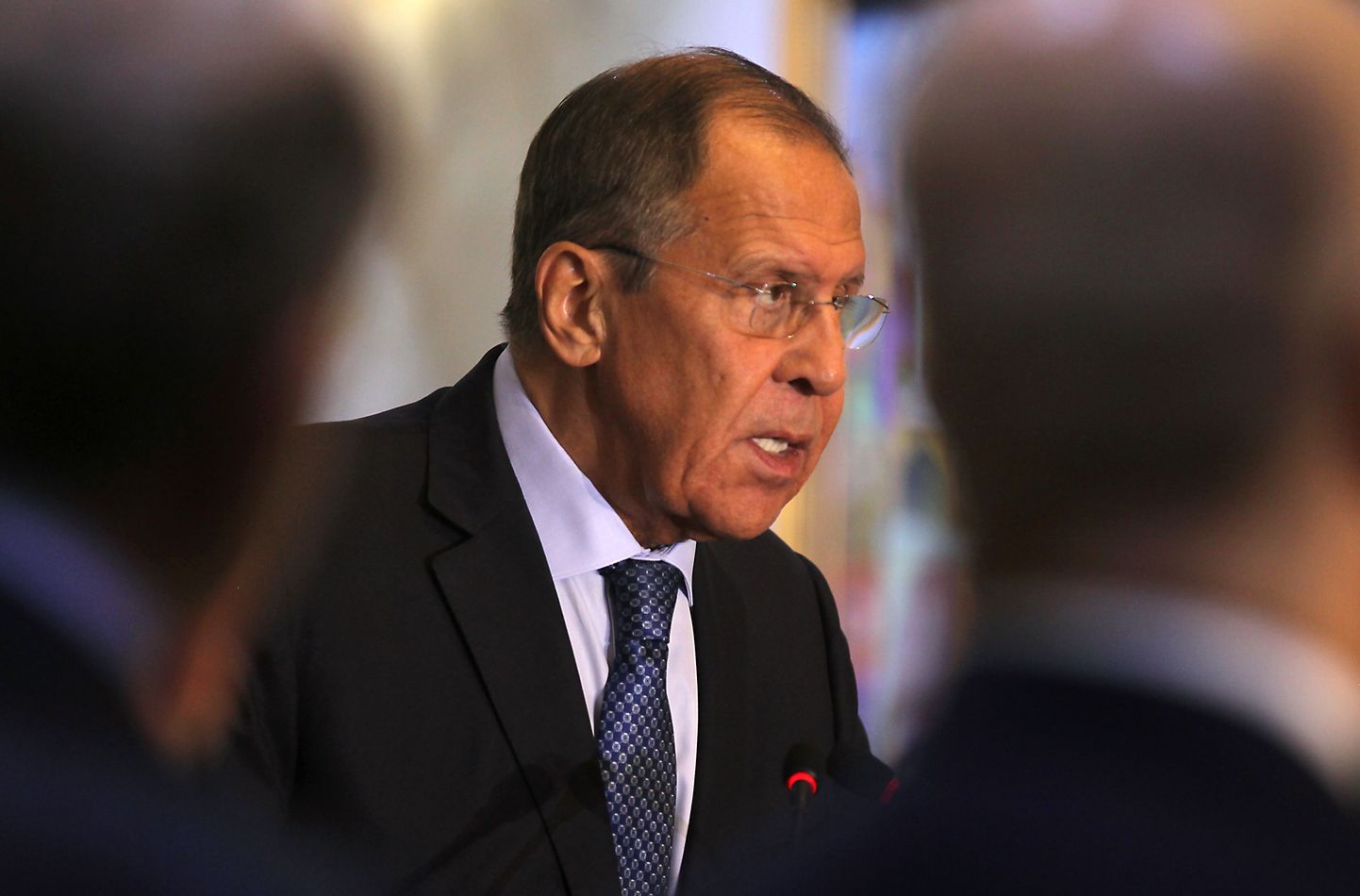 Russian Foreign Minister Sergey Lavrov talks during a press conference with his Iraq counterpart at the Ministry of Foreign Affairs in Baghdad on October 7, 2019. - Iraq's military admitted for the first time Monday it had used "excessive force" in nearly a week of deadly protests, as paramilitary units said they were ready to back the government. More than 100 people have been killed and several thousand wounded in demonstrations increasingly spiralling into violence, with witnesses reporting security forces using water cannons, tear gas and live rounds. (Photo by AHMAD AL-RUBAYE / AFP)