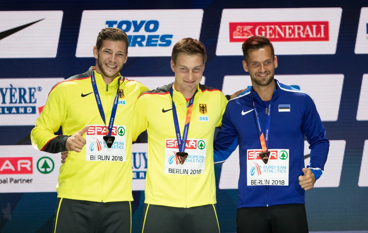 Eelmisel kergejõustiku EMil Berliinis 2018. aastal sai Eesti odaviskaja Magnus Kirt kaela pronksmedali.
Pildil vasakult sakslased Andreas Hoffmann, Thomas Röhler ja Magnus Kirt.