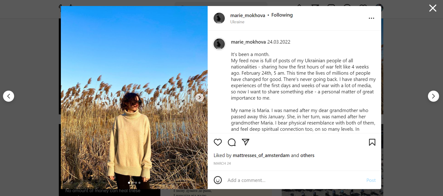 Näide Maria Mohhova Instagrami postitusest.