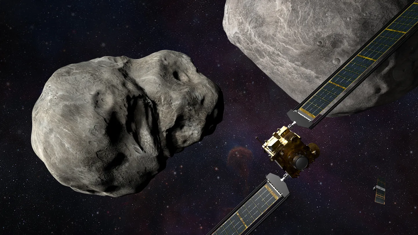 Kunstniku nägemus kosmoselaevast DART ja Itaalia kuupsatelliidist LICIACube hetk enne kokkupõrget. Katse aitab tulevikus Maad paremini kaitsta planeeti tabavate suurte asteroidide eest.