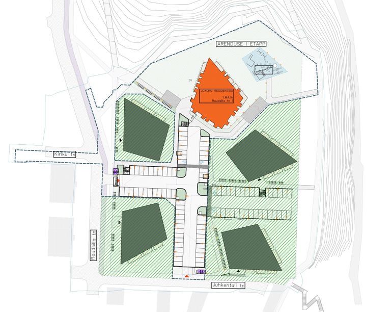 План будущего квартала "Joaoru Residentsid", где главными объектами станут пять квартирных домов оригинальной конфигурации. Оранжевым цветом на плане выделено здание, строительство которого начинается прямо сейчас.