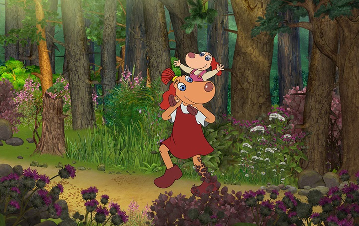 Animafilmis “Lotte ja kadunud lohed” astub Lotte seiklustele vastu väikese õe Roosiga.